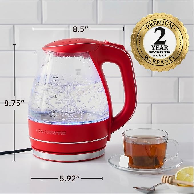 OVENTE 1.5L Glass Electric Kettle Water Boiler, Red KG83R