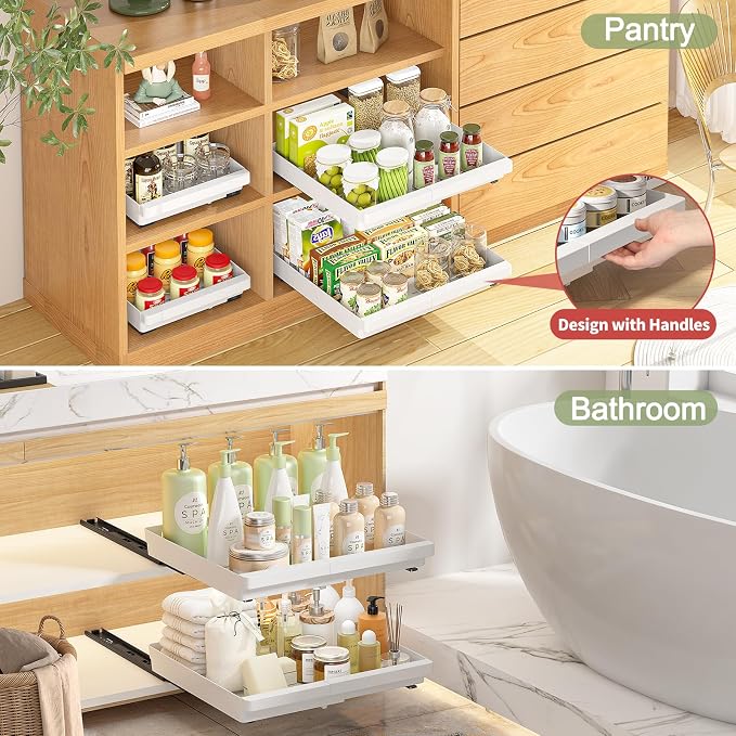 DOMNIU Pull Out Cabinet Organizers Expandable,White,20.8" Depth,2 Pack | Slide Out Drawers for Kitchen, Bathroom, Pantry, Under Sink Storage, Fixed with Adhesive Nano Film (13''-19'')