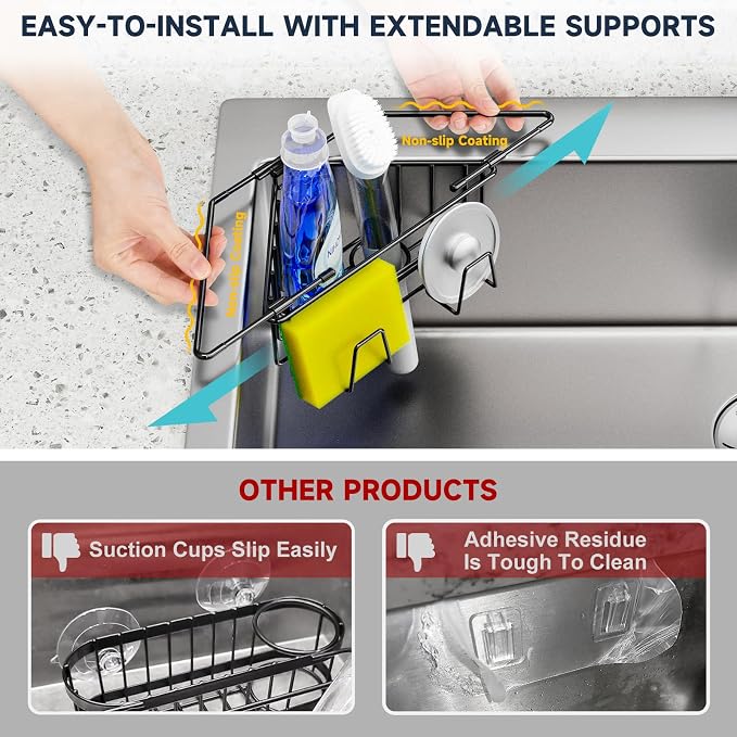 NiHome Sponge Holder for Kitchen Sink, Adjustable Corner Caddy, Black | Rustproof 304 Stainless Steel Storage with Extendable Arms and Open Drainage for Rapid Drying of Brushes and Soap Bars