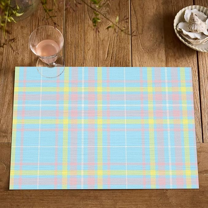 Artoid Mode Blue Striped Check Vinyl Placemats Set of 4, Heat Resistant Non-Slip Woven Plastic PVC Place Mats for Party Kitchen Dining Decor