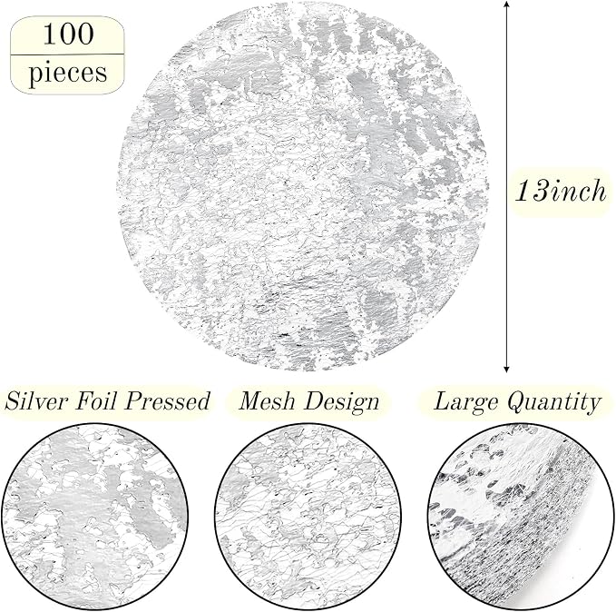 ZAVOOS 100 Pieces Disposable Silver Placemats, 13 Inch | Round Glitter Foil Table Mats Bulk, Metallic Mesh Pressed Table Doilies for Home Decor, Dining Table, Wedding, Birthday Party