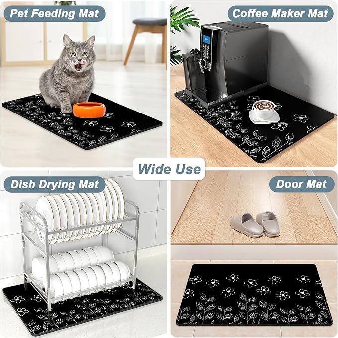 Rnivvi Coffee Mat, 12" x 19" Cute Coffee Bar Mats for Espresso Machine Station Accessories and Organizer, Hide Stain Rubber Backed Absorbent Dish Drying Pad for Kitchen Counter, Black White Flowers