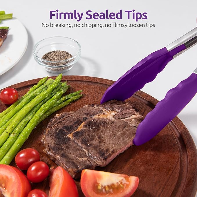 U-Taste Kitchen Tongs for Cooking, 600ºF Heat-Resistant Tps, 2Pcs/Purple | Silicone Tong Set 9/12in, Salad/Grill/BBQ Plastic Tong for Food Serving, Rubber Tipped Tong with 18/8 Stainless Steel Handle