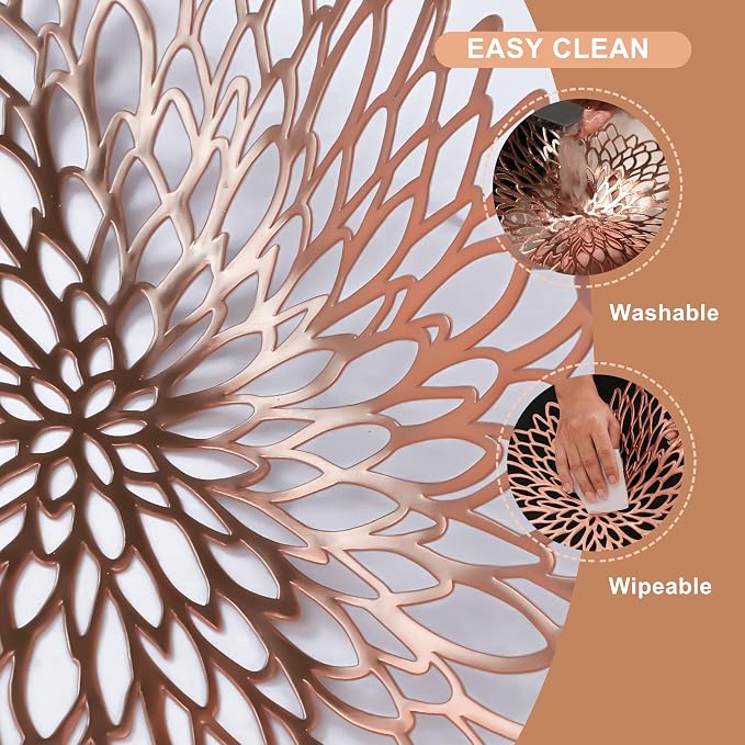Snowkingdom 6 Pack Rose Gold Placemats Metallic Pressed Vinyl for Mother's Day Table Decoration Dinning Mats Round Floral Charger Plates Bridal Shower Party Birthday Wedding Valentine Christmas