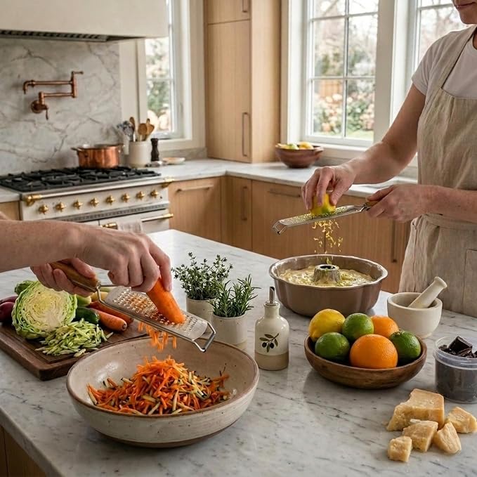 3-Piece Stainless Steel Cheese Grater & Zester Set w/Acacia Wood Handles – For Parmesan, Lemon Zest, Ginger, and Spices