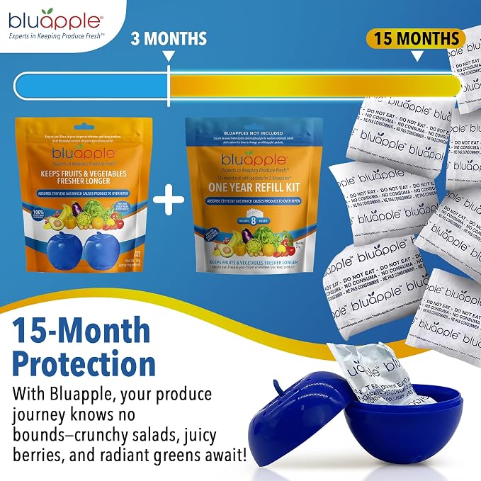 Bluapple Produce Saver Ethylene Gas Absorber - Fresh Fruit & Vegetable Storage for Refrigerator, Kitchen Must Haves, Produce Keeper, Fruit Saver, Each Packet Lasts 3 Months, BPA Free - 15-Month Bundle