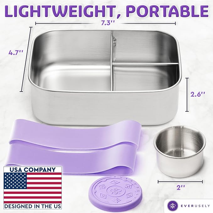 Stainless Steel Bento Box + Condiment Container - Lavender, 37oz / 1.1 L | Everusely metal lunch box, leakproof sauce container, 3 compartment snack organizer for travel, freezer & dishwasher safe