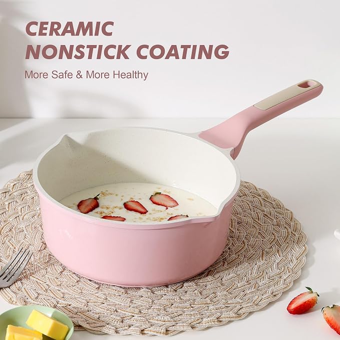 SENSARTE Ceramic Nonstick Saucepan with Double Pouring Spout, 3QT, Pink | Cooking Pot with Stay Cool Handle, Induction Compatible, Ceramic Coating, PFOA/PFAS/PTFE Free