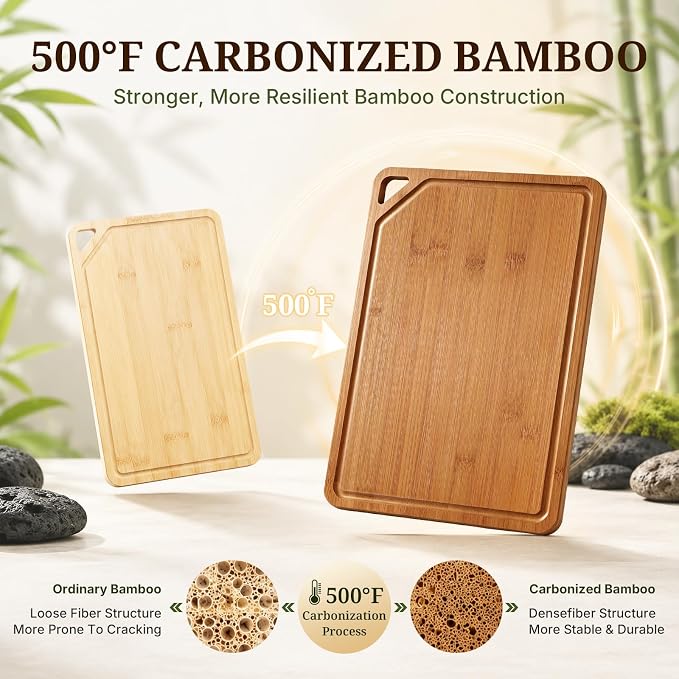 GASHELL Bamboo Cutting Board Set with Beeswax Coating for Kitchen(S+M+L) | Deep-Carbonized Chopping Board with Juice Grooves, Non-toxic, Lightweight, Reversible, Meal Prep & Serving