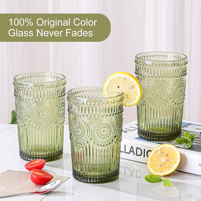 ZMOWIPDL Drinking Glasses Set of 6,13oz Flower Design Green Glass Cups | Vintage Glassware,Textured Tumblers,Embossed Striped Drinkware for Water,Cocktails,Juice,Iced Coffee