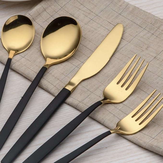 Berglander 20 Piece Titanium Black And Golden Plated Stainless Steel Flatware Set, Handle With Mouth Silverware Set And Cutlery Set Service for 4 (Shiny Black,Shiny Golden)