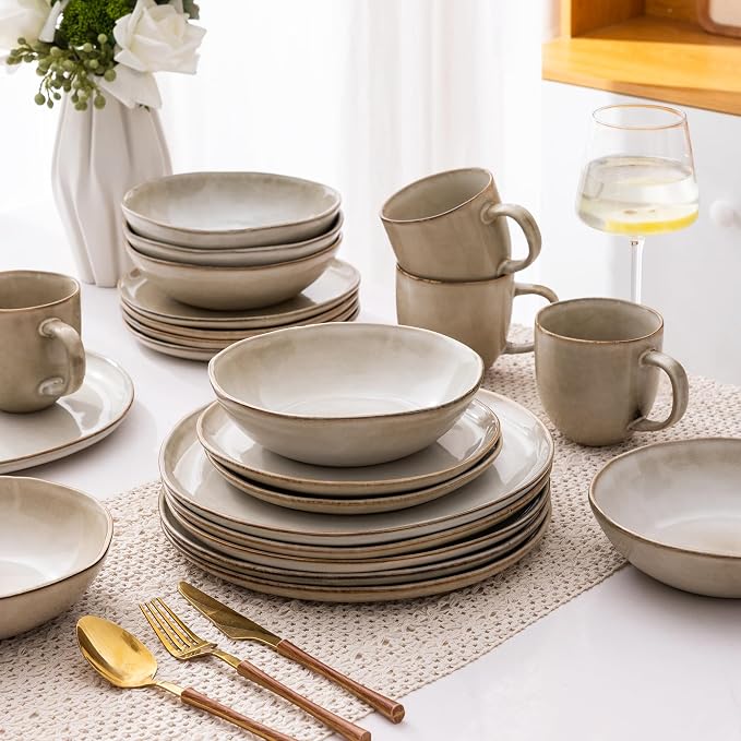 AmorArc Ceramic Dinnerware Sets for 6, 18Pcs Plates and Bowls Sets Dishes | Stoneware Handmade Reactive Glaze Dinner Set, Highly Scratch Resistant | Dishwasher & Microwave Safe Dishware-Cappuccino
