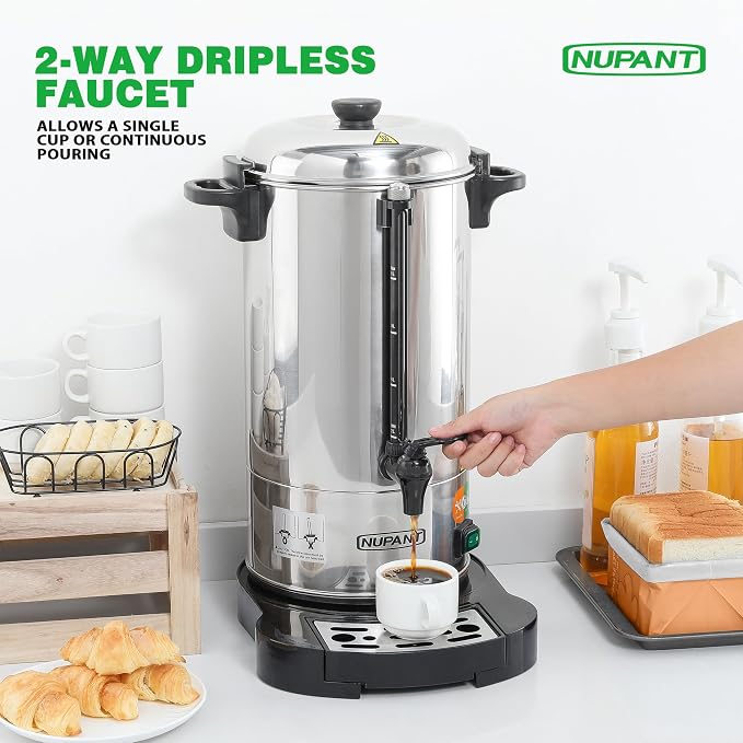 NUPANT Commercial Coffee Urn 50 Cup/8L Coffee Dispenser with Upgraded Percolator, 304 Stainless Steel Hot Water Urn Beverage Dispenser with Keep Warm Mode, Large Coffee Maker for Catering Party