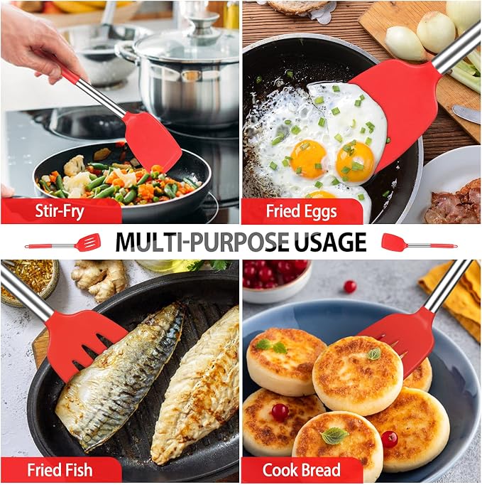 Large Silicone Cooking Spatulas and Spoons, BPA Free, 4 Pack (Red) | Slotted & Solid Stainless Steel Cooking Utensils Set, Non-stick Heat Resistant Kitchen for Baking, Fried, Stir-Fry, Serving