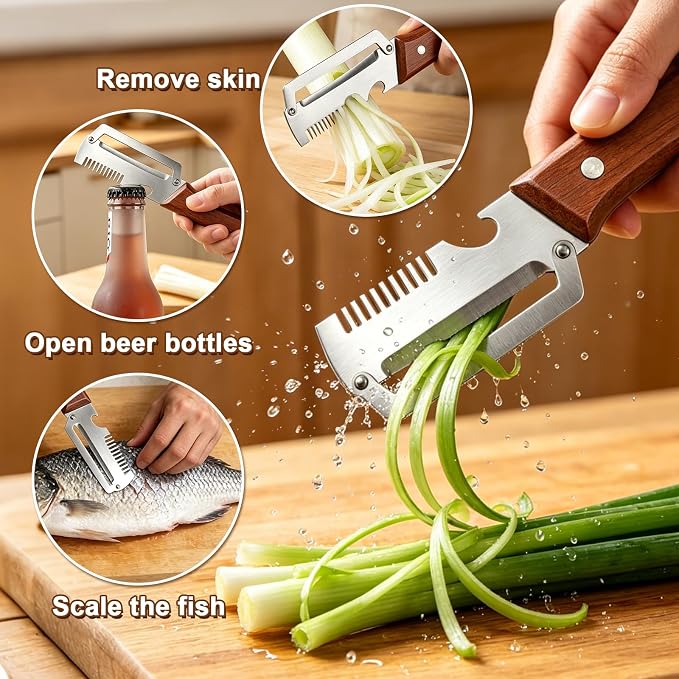 Vegetable Peeler with Wooden Handle, 3-in-1 Stainless Steel Julienne Peelers for Kitchen, Scallion Shredder & Built-in Bottle Opener, Fruit Potato Carrot Pumpkin Peeling Tool, 3 Pack