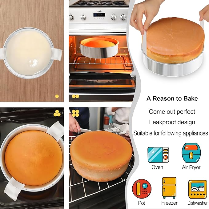 8 Inch Cake Pan, 3PCS Stainless Steel Baking Pans with 100 Parchment Paper | Nonstick Round Cake Pans for Layer Cakes, Cake Tins for Birthday Christmas, Healthy & Non-Toxic, Easy Clean & Dishwasher Safe