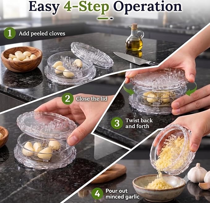 2pcManual Garlic Twister,Manual Garlic Crusher and Mincer, Transparent Twisting Garlic Chopper Tool, Multi-Functional Handheld Grinder for Ginger, Nuts, Herbs and Spices, Easy to Clean Kitchen Gadget