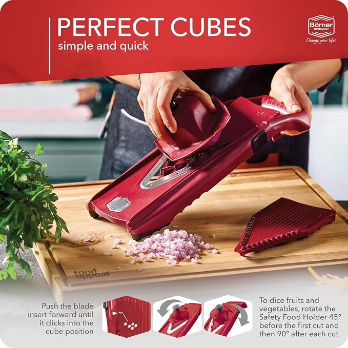 Mandoline Food Slicer Börner V5 (Starter Set) by Reston Lloyd • V-Slicer with Food Holder • Made in Germany • Fruit & Vegetable Chopper • Multiple Settings • Color: Red