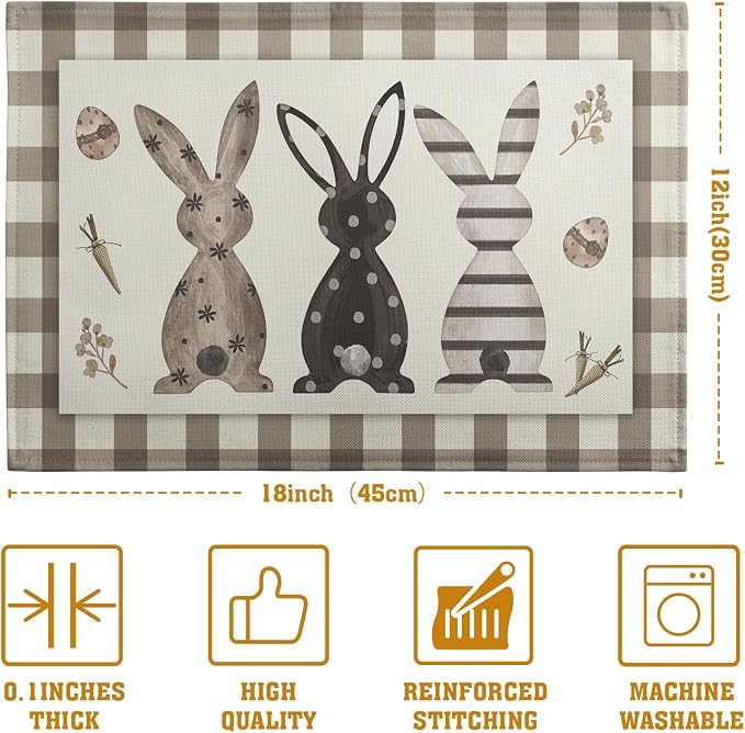 Easter Bunny Buffalo Plaid Placemats Set of 4 Rabbit Spring Egg Dining Table Placemats 12x18 Inch Check Brown White Heat Resistant Washable Table Mats for Kitchen Dining Holiday Indoor