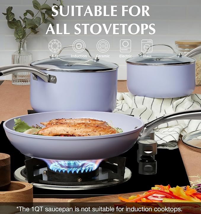 KOCH SYSTEME CS Nonstick Sauce Pan with Lid 1QT & 2QT & 3QT, 6pcs Nonstick Saucepan Set with Cool-Touch Handles, Sauce Pot Set with Ceramic Coating, Induction Compatible Sauce Pan, Oven Safe, Purple