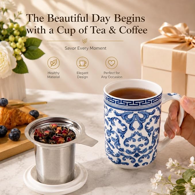 AmorArc Tea Cup With Infuser and Lid, 18oz Loose Leaf Tea Mug With Steeper | Porcelain Tea Mug With Infuser and Lid, Large Strainer Tea Cup with Lid for Tea, Coffee Mug for House-warming Birthday Gift