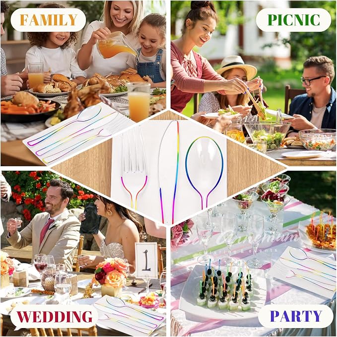 180 PCS Rainbow Plastic Silverware - Clear Colorful Cutlery Disposable Heavy Duty Include 60 Forks, 60 Knives and 60 Spoons - Colorful Disposable Utensils for Trolls Party/Birthday Party