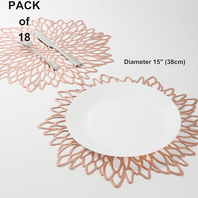 Snowkingdom 18 Pack Rose Gold Placemats Bulk Metallic Pressed Vinyl for Mother's Day Dinning Table Decoration Floral Mats Round Floral Charger Decoration for Weddings Christmas Holiday