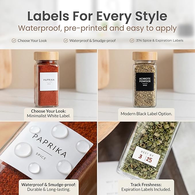 SAVVY & SORTED Glass Spice Jars with Label, 24PK Bamboo Jar Spices Set 4oz, 374 Spice Labels, Pepper Grinder, Empty Herb Seasoning Containers, Funnel and Shaker Lids