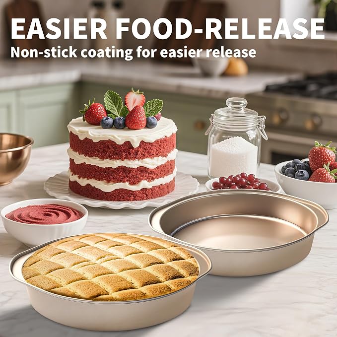 6 Inch Cake Pan, 3PCS Nonstick Round Cake Pans with 50 PCS Parchment Paper, Durable Birthday Circle Cake Baking Pan with Handle for Multi-Layer Cakes, Dishwasher Safe (Gold, 6")
