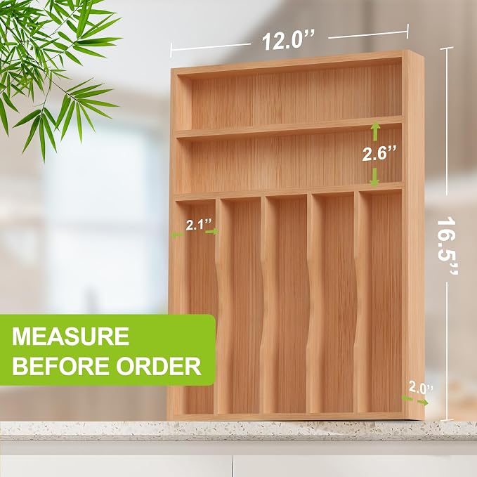 Unibambou Bamboo Silverware Drawer Tray, Kitchen Flatware Cutlery Organizer | 7 slots kitchen storage tray, Natural Bamboo Material, Perfect organizer for flatware cutlery utensils, 12"W x 16.5"D x 2"H