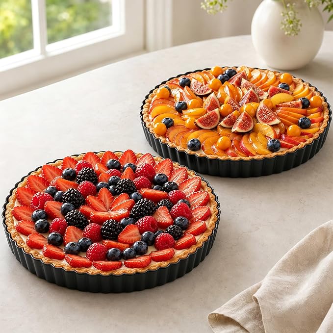 9 Inch Quiche Pans 2 Pack. Removable Bottom, Non-Stick Coating, Rugged Carbon Steel Baking Dish for Tart Quiche Pie. Metal Mold Gift for Women Wife Christmas Thanksgiving Party Festival Family