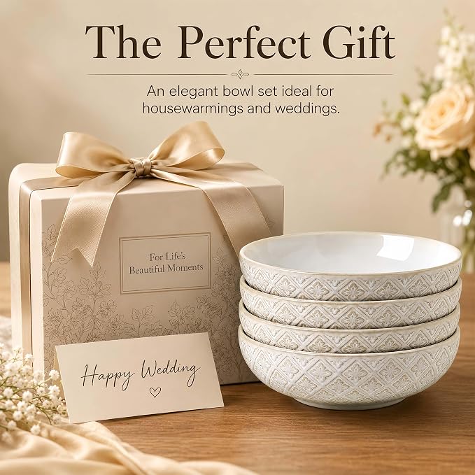 22 Oz Pasta Bowls Set of 4, Ceramic Soup Bowls, 8 inch Large Serving Bowl, Porcelain Kitchen Embossed Dish for Salad, Fruit, Rice, Desserts, Housewarming Wedding Gifts, Dishwasher Safe