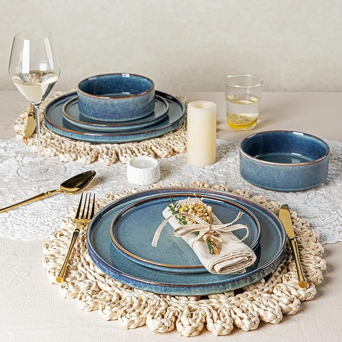 AmorArc Ceramic Dinnerware Sets for 8,24 Piece Plates and Bowls Sets Dishes | Stoneware Handmade Reactive Glaze Dishes Set | Highly Chip and Crack Resistant | Dishwasher & Microwave Safe