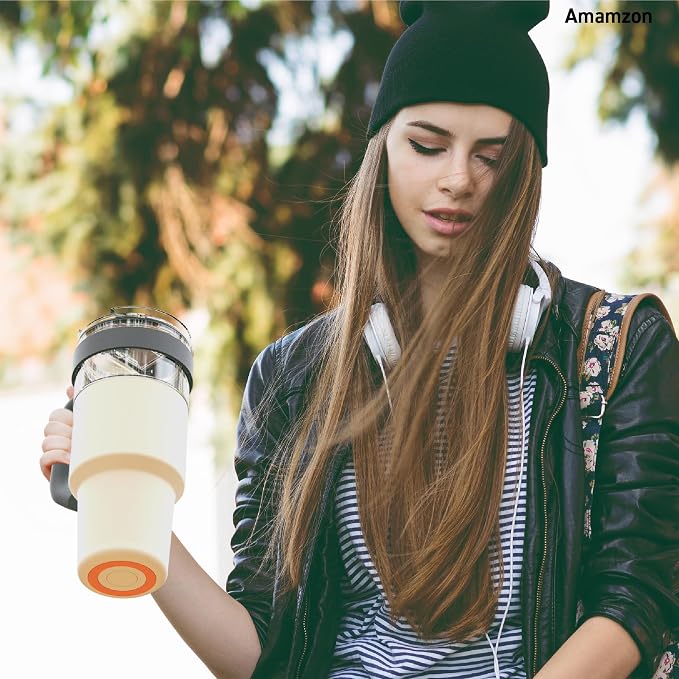 asobu Extra Large Travel Explorer Tumbler for Hot and Cold with Stainless Steel Removable Coffee Mug Sleeve - Straw and Flip Open Sip Spout, 34 oz / 25 oz (White)