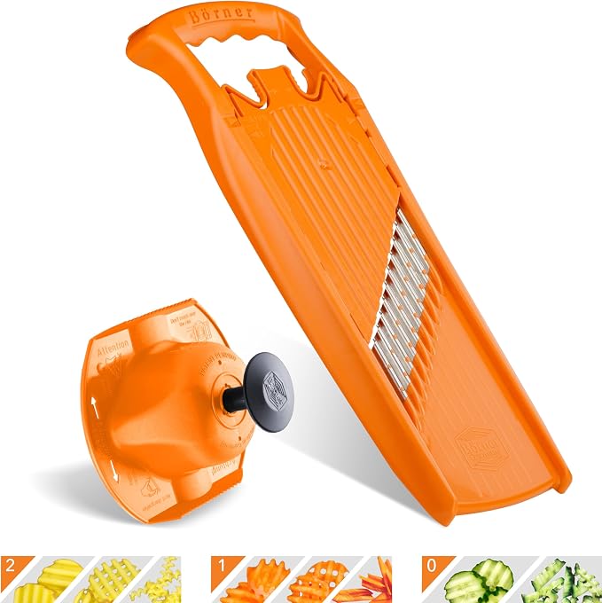 Börner by Reston Lloyd Wave-Waffle Power Line • Crinkle Cut/Spirelli Vegetable Slicer & Food Safety Holder • Slicer for Wave Waffle Cut Style • Multiple Thickness Options • Made in Germany, Orange