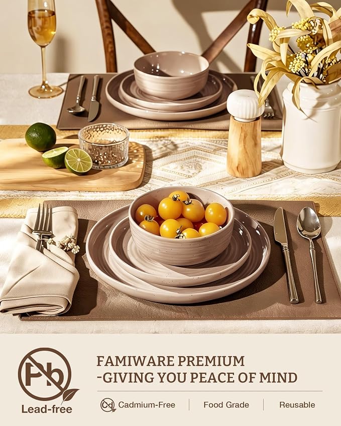 Stoneware Dinnerware Sets for 8, Plates and Bowls, Brown | 24-Piece Ceramic Speckled Spiral Dishes, Chip & Scratch Resistant, Microwave & Dishwasher Safe, Everyday Use, Farmhouse Style
