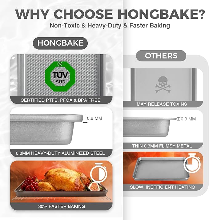 Naturally Non Toxic Baking Sheet Pan Set of 3, Heavy Duty Aluminized Steel Cookie Sheets, Half/Quarter/Jelly Roll Pans with Textured Nonstick Surface, Free of PTFE & PFOA