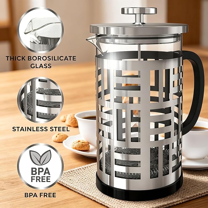 French Press Coffee Maker 34 oz, Glass Coffee Press Plastic-Free Brewer | Thickened Glass Stainless Steel, for Coffee, Cold Brew,Tea & Cocoa, With Extra Filter