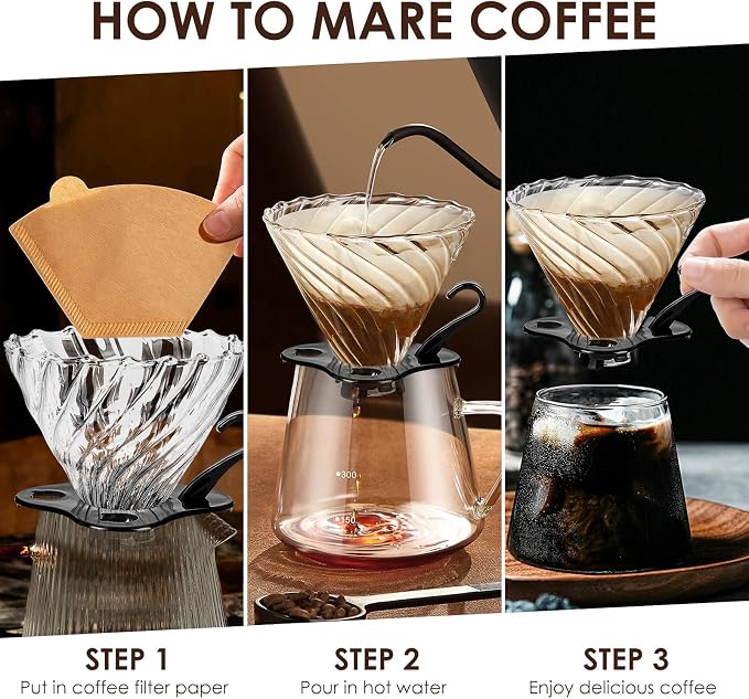 V60 Pour Over Coffee Dripper, 02 Filter For 1-4 Cups Reusable Coffee Maker 60° Heat-Resistant Glass Cone Easy-to-Clean Drip Coffee Maker Perfect for Pourover Coffee Enthusiasts