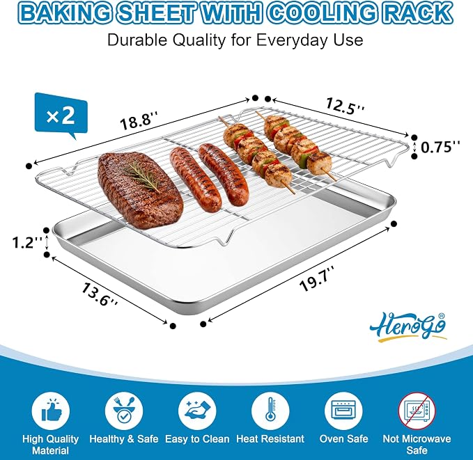 Herogo Large Baking Sheet with Wire Rack Set(2 Pans + 2 Racks), 20 x 14 x 1 Inch Stainless Steel Metal Cookie Pan Set for Baking & Roasting, Rust & Warp Resistant & Nonstick
