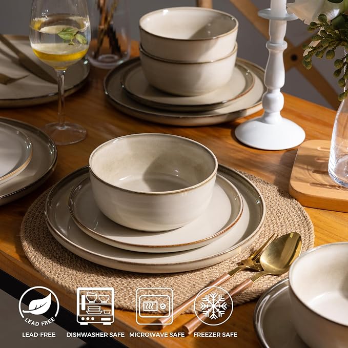 GBHOME Dinnerware Sets for 6, 24 Pieces Ceramic Plates and Bowls Set | Scratch Resistant Stoneware Dishes Set, Dishwasher & Microwave Safe, Reactive Glaze-Cappuccino
