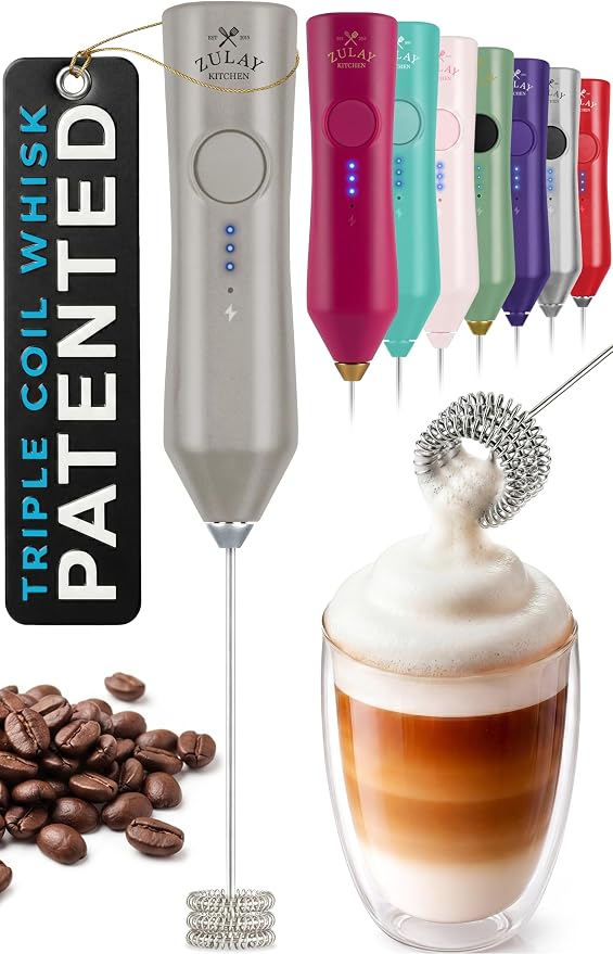 Zulay Kitchen Rechargeable Milk Frother Handheld - Frother Wand, Drink Mixer, Electric Whisk Frother, for Cappuccinos, Matcha & Protein Powder - Dynamic Triple Whisk, 3 Speed 500mAh Light Gray