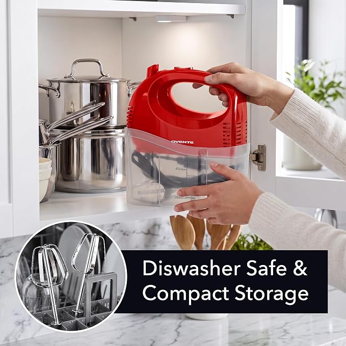 OVENTE 5-Speed Electric Hand Mixer with Storage Case,150W, Red HM151R | Stainless Steel Whisks, Compact Portable Design, Lightweight Handheld Mixer for Baking & Cooking