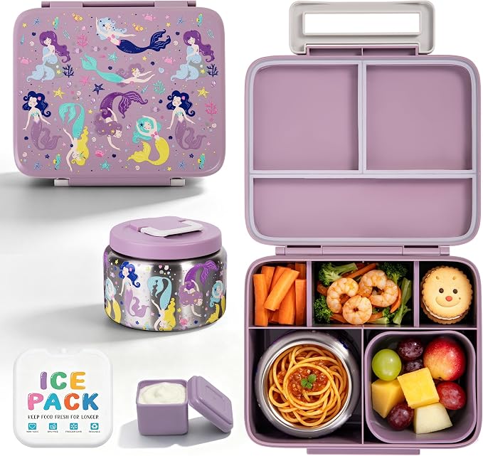 Kids Bento Lunch Box with 8oz Thermo, Ice Pack & Dividers for School | Food Container 5 Compartments,Insulated Food Jar,Keep Warm&Cold,Removable Dividers,Leak-Resistant,BPA-Free,Easy to Clean
