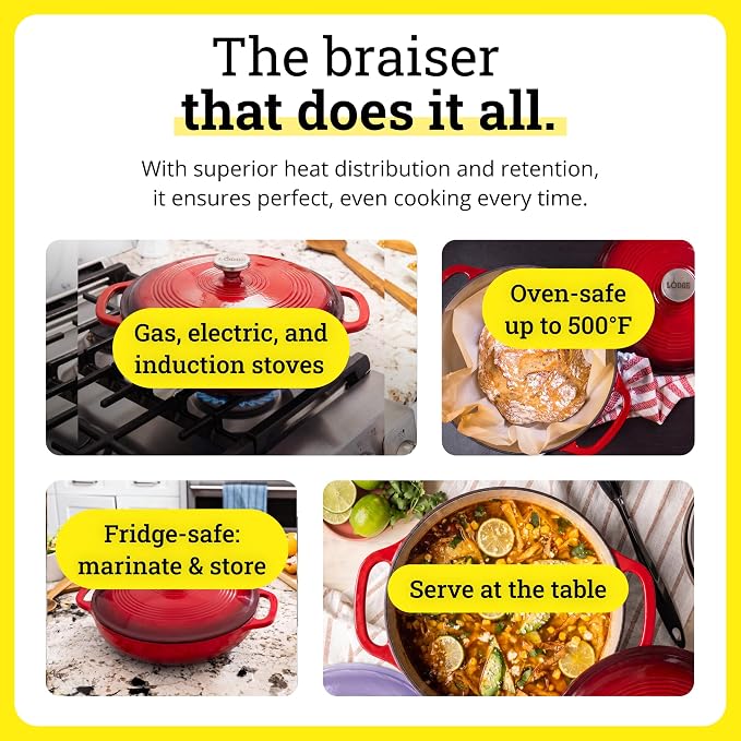 Lodge Essential Enamel Braiser 3.5 Quart - Refrigerator- & Oven-Safe up to 500° F - Heat-Retaining, Induction-Safe & PFAS-Free Enamel Cookware - Island Spice Red