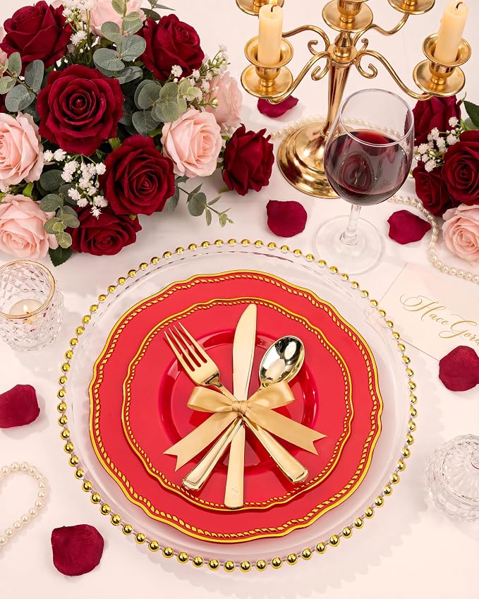 350 Pcs Red Gold Plastic Plates Wedding & Party | Red Plastic Dinnerware Set Includes 50 Dinner Plates, 50 Dessert Dinnerware, 50 Cups, 50 Pre-rolled Napkins