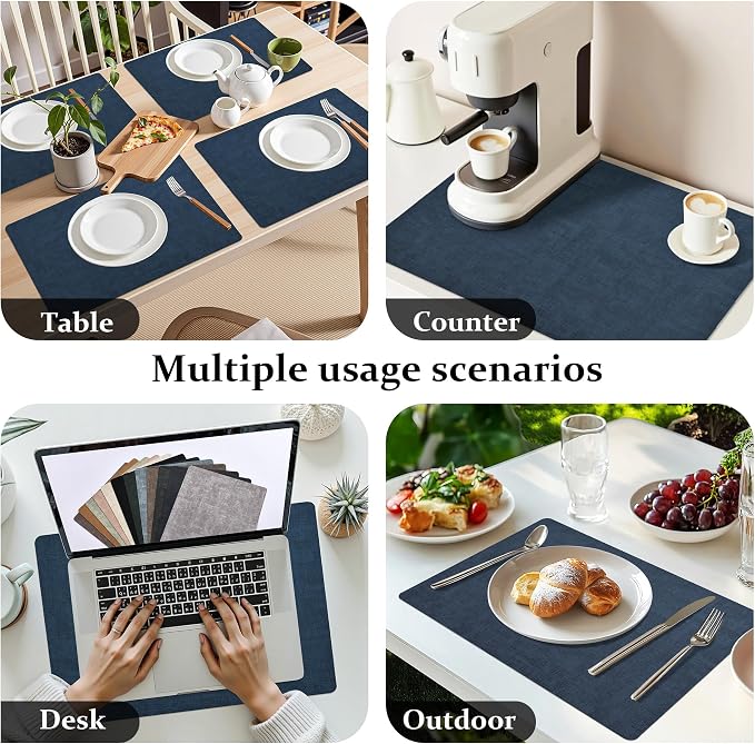 FROMHEART Faux Leather PU Placemats Set of 6 (Dark Blue,11.8" x 17") | Waterproof,Heat/Oil Stain-Resistant Table Mat–Reversible,Non-Slip,Easy to Clean Place Mats for Kitchen,Dining,Indoor/Outdoor