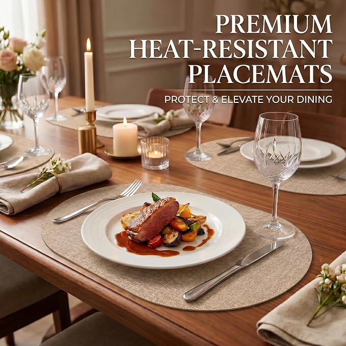 Faux Leather Placemats Set of 4, Wipeable Waterproof Stain Resistant Table Mats, Heat Resistant Thick Placemats with Hand-Painted Edges for Kitchen Dining, Imitative Linen Texture, Various Shapes