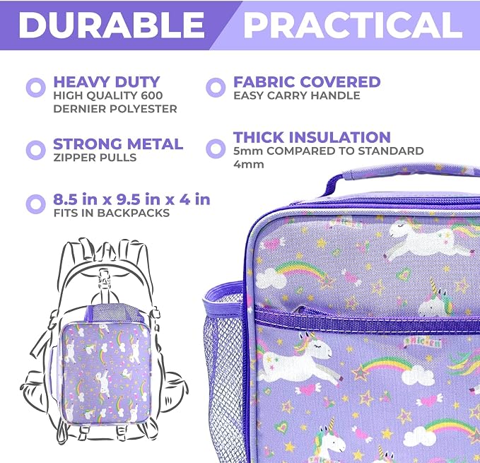 kinsho Bento Box for Girls Toddlers with Thermo Lunch Pack, Purple Unicorn | 5 Compartments, Removable Tray, Small Meal Snack Container for Girls Toddlers Daycare Pre-School Kindergarten, Steel Food Jar