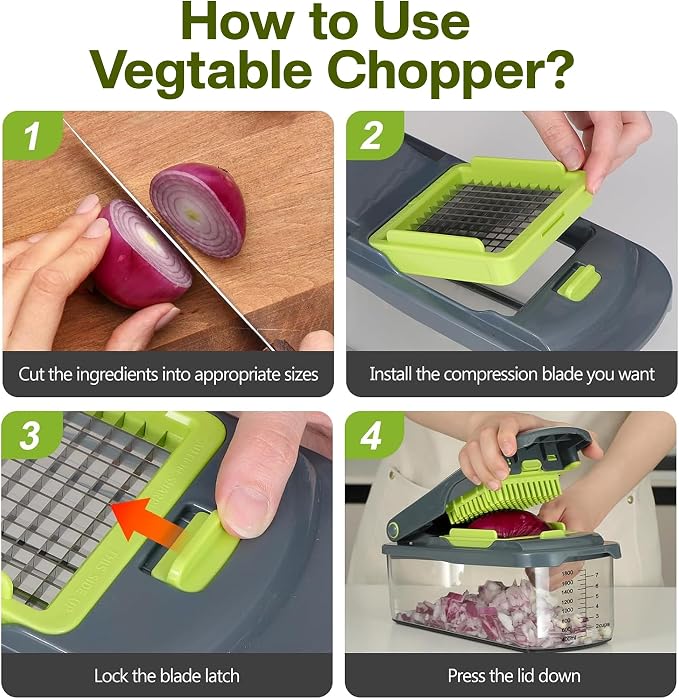 Vegetable Chopper, 16-in-1 Food Slicer, Onion Chopper, Mandoline Vegetable Slicer, Cutter, Spiralizer, 8 Stainless Steel Blades, Includes a Food Storage for Kitchen